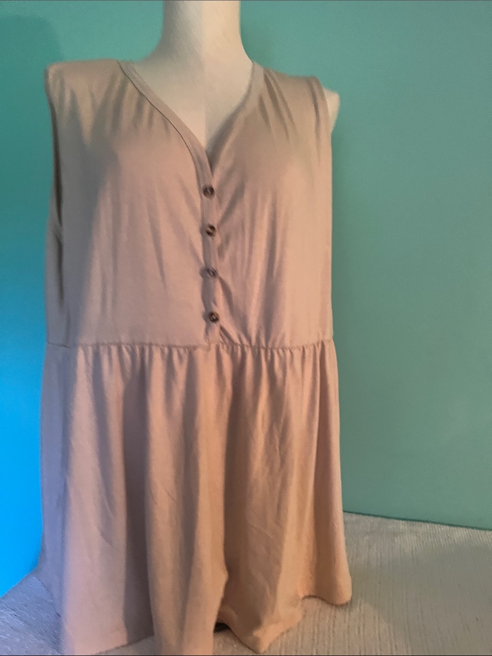 Sleeveless V-Neck Button Front Tunic Top - beige